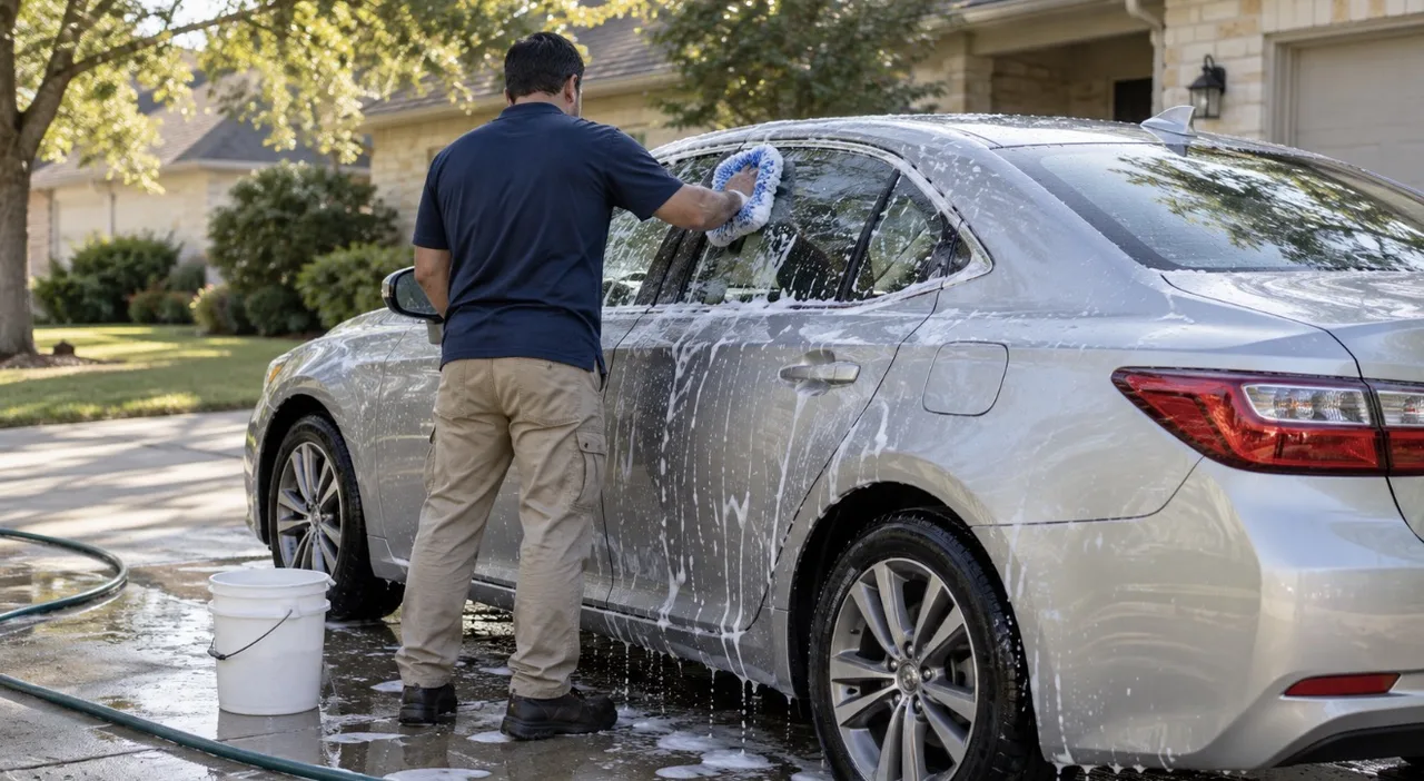 A person hand washing a silver car in a driveway