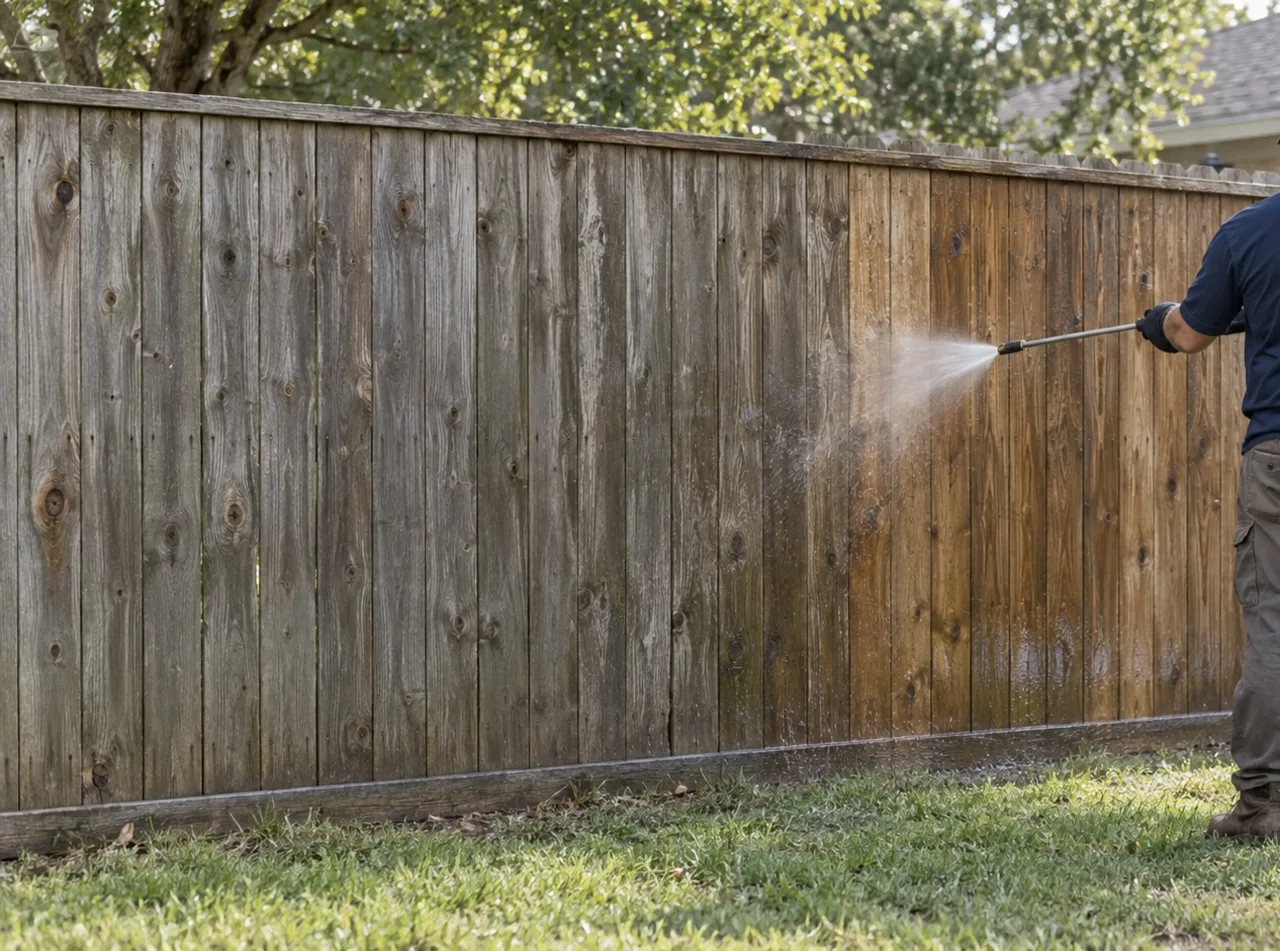 A person pressure washing a wooden fence