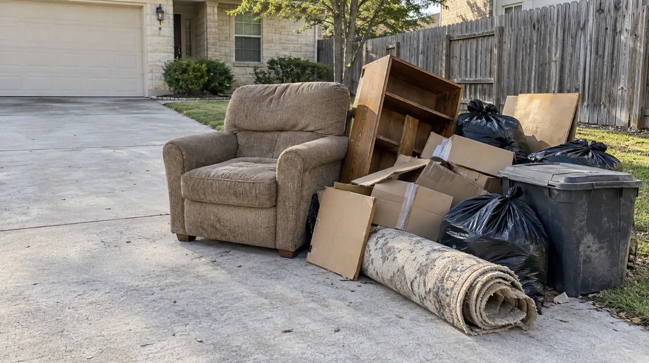 An armchair, shelving, boxes, bags and a rolled rug gathered in a driveway