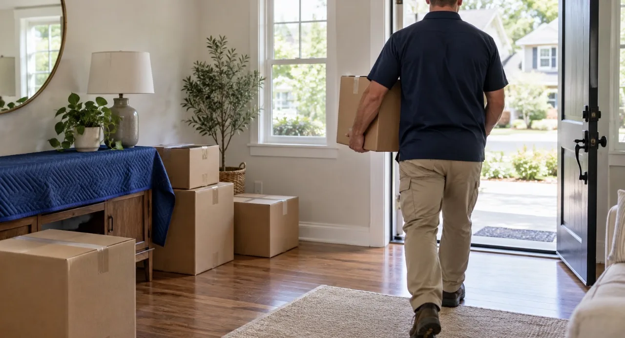 A person carrying a moving box toward an open front door
